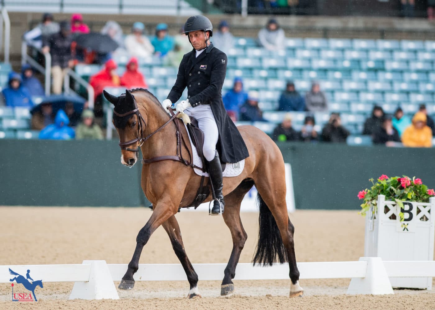 Tim Price and longtime partner, Falco, braved the rain to finish on an impressive 27.8 and fifth place after dressage. USEA/Lindsay Berreth photo